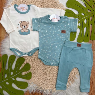 Conj. de Malha 3 peças - Bear Fofinho com Estrelinhas - Verde Menta e Gelo